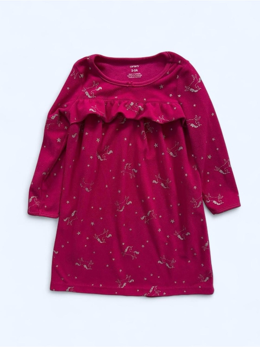 Carter’s Fleece Unicorn Nightgown in Pink Toddler Girls 2T-3T Long Sleeve Ruffle